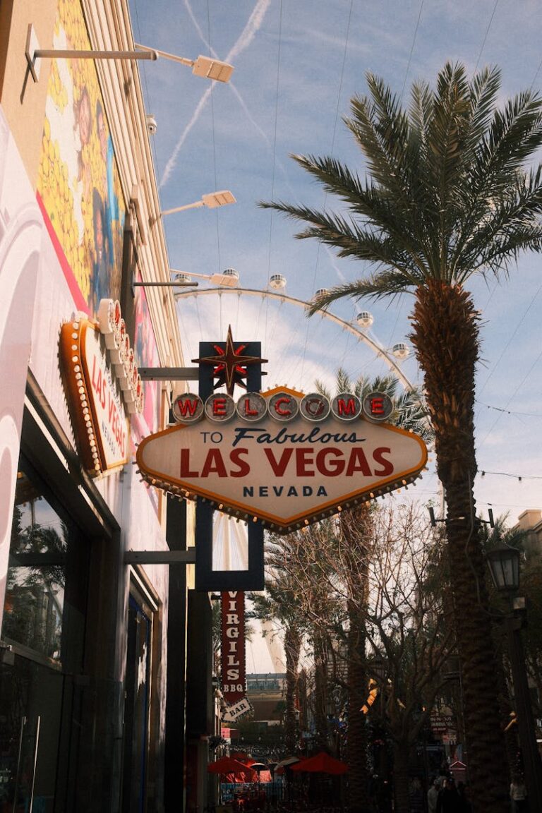 Photo of the iconic 'Welcome to Fabulous Las Vegas' sign under a clear blue sky, with palm trees.