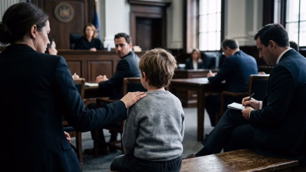 How Child Custody Is Decided in Nevada | What Family Courts Actually Look At 1 A young boy sits in a courtroom with adults around him, one woman resting her hand on his shoulder, while others observe and take notes. © Marathon Law Group