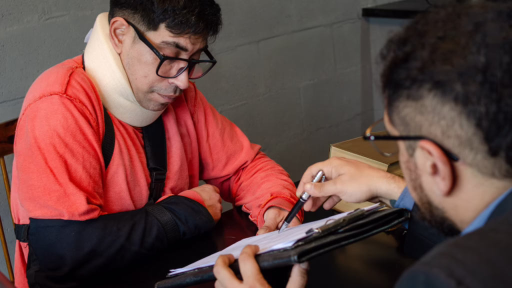 How Insurance Companies Calculate Pain and Suffering in Nevada 1 A man with a neck brace and arm sling signs documents while talking to another man, possibly a lawyer, at a desk. © Marathon Law Group