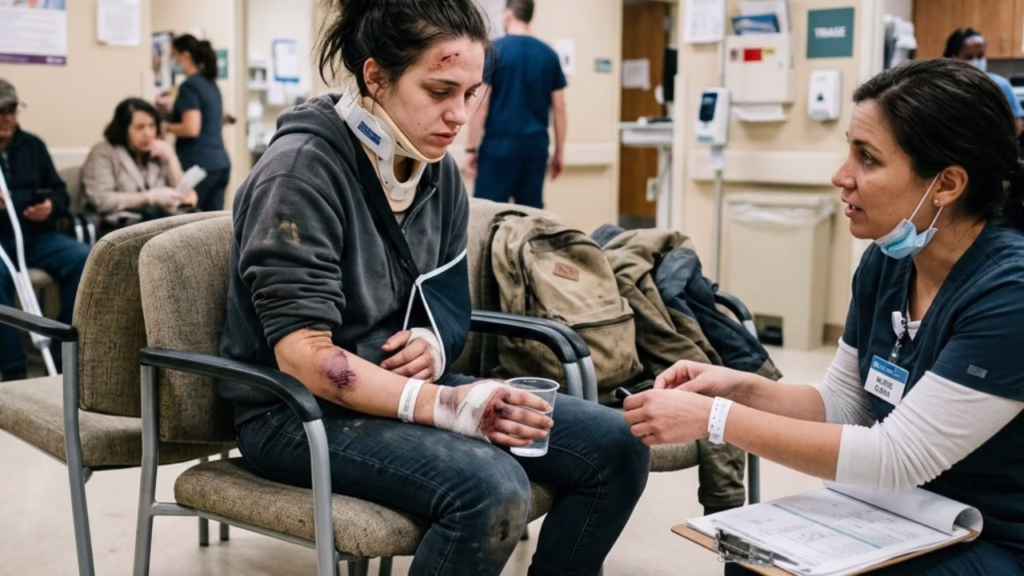 How Pre-Existing Conditions Affect Your Nevada Personal Injury Claim 1 A nurse talks to an injured woman wearing a neck brace and arm sling in a busy hospital waiting room. © Marathon Law Group