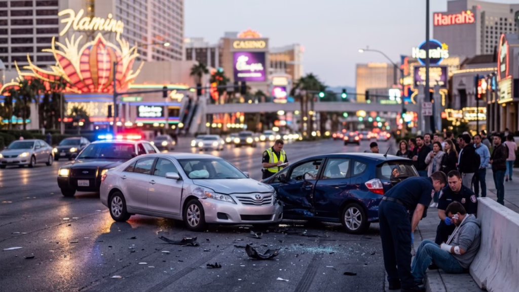 Nevada Comparative Negligence Law | How It Affects Your Car Accident Claim 1 Two damaged cars after a collision on a busy city street at night, with police, emergency responders, and a crowd of onlookers nearby. © Marathon Law Group