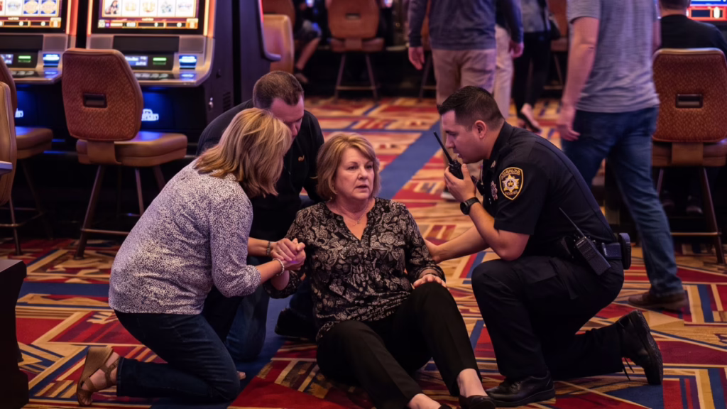Nevada Casino Accident: Las Vegas Hotel & Strip Premises Liability Injury Lawyer 1 A woman sits on the floor in a casino surrounded by two civilians and a police officer providing assistance. © Marathon Law Group