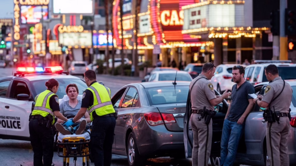 Las Vegas DUI Accident Attorney — Rights for Drunk Driving Victims in Nevada 1 Police and paramedics assist an injured person at a car accident scene on a busy city street with neon casino lights in the background. © Marathon Law Group