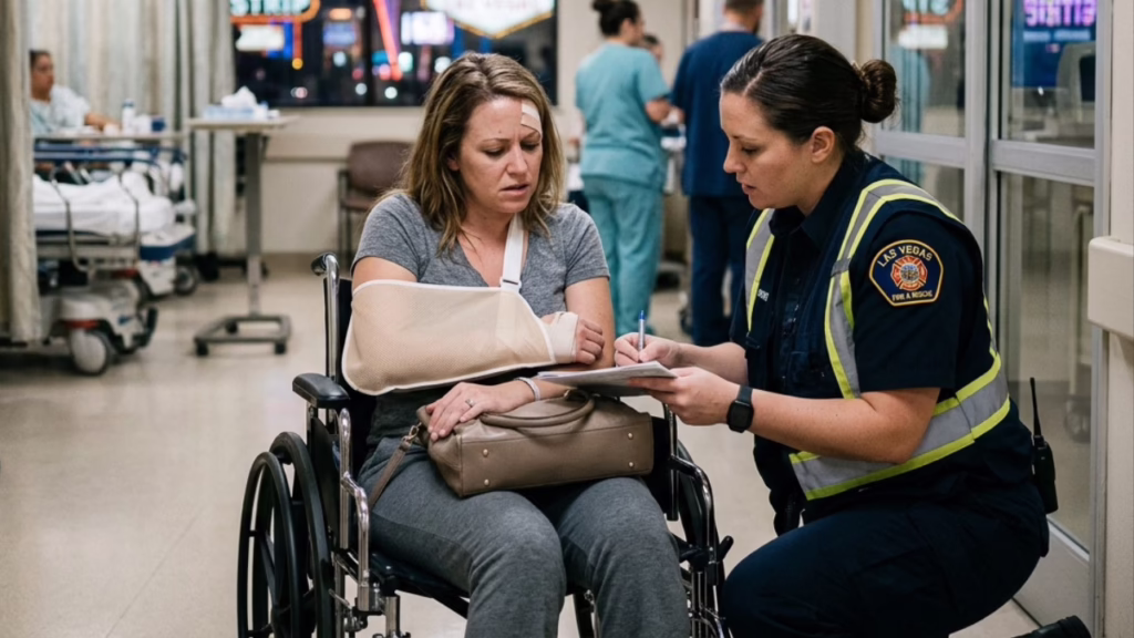 Nevada Personal Injury Settlement Process: A Step-by-Step Guide for Las Vegas and Clark County Accident Victims 1 A woman with an injured arm sits in a wheelchair while a paramedic from Las Vegas Fire & Rescue assists her in a busy hospital hallway. © Marathon Law Group