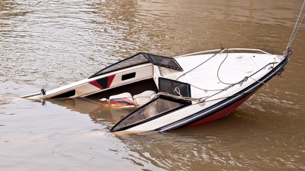 Lake Mead Boating Accidents: Who Is Liable Under Nevada Law? 1 A partially sunken white and red motorboat is submerged in brownish water, with parts of its cabin and seats visible above the surface. © Marathon Law Group