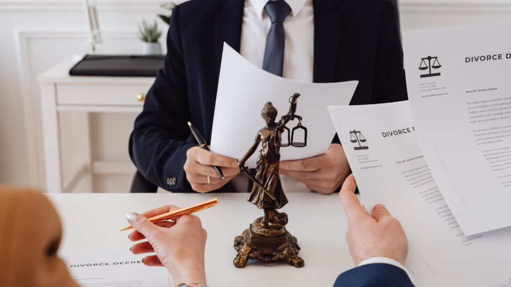 Nevada Divorce and Community Property: What Counts and How It Is Divided 1 A divorce document signing meeting with a lawyer, Lady Justice statue on the table, and two people holding paperwork. © Marathon Law Group