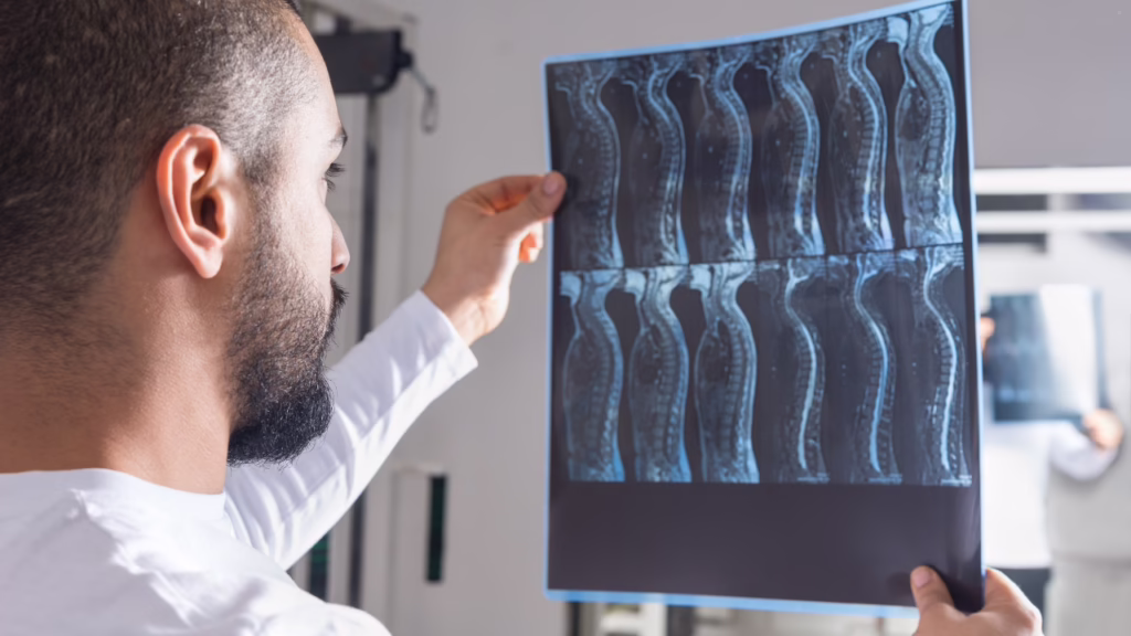 Nevada Spinal Cord Injury Attorney: Car Accidents, Truck Crashes, and Long-Term Compensation 1 A person examines a set of spinal X-ray images, holding the film up to the light in a medical setting. © Marathon Law Group