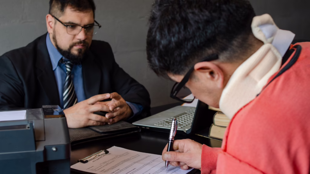 Should You Accept the Insurance Company's First Settlement Offer in Nevada? 1 A man in a suit watches as another man with a neck brace signs documents at a desk in an office setting. © Marathon Law Group