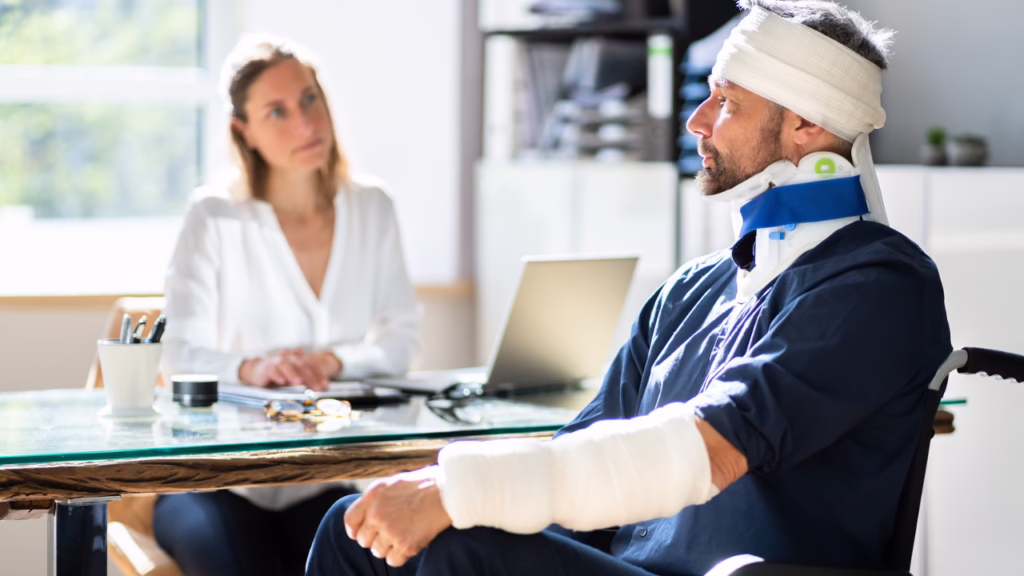 What Is a Personal Injury Lien in Nevada and How Does It Affect My Settlement? 1 Injured man with arm cast, neck brace, and head bandage sitting in a wheelchair, speaking with a woman at a desk in an office. © Marathon Law Group