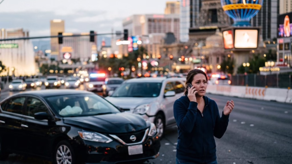 What to Do in the First 24 Hours After a Crash 1 A woman stands on a busy city street, looking distressed while talking on her phone. Police cars and traffic are visible behind her after an apparent car accident. © Marathon Law Group